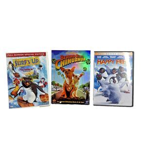 3 Disney Animated DVD’s Happy Feet Beverly Hills Chihuahua Surf's Up In Cases